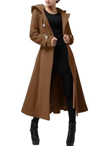 Cicy Bell Women's Winter Warm Long Double-Breasted Hooded Wool Trench Coat with Belts