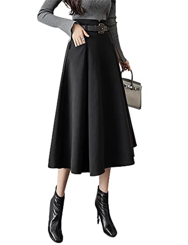 IDEALSANXUN High Waisted Wool Midi Pleated Skirts for Women Fall Winter