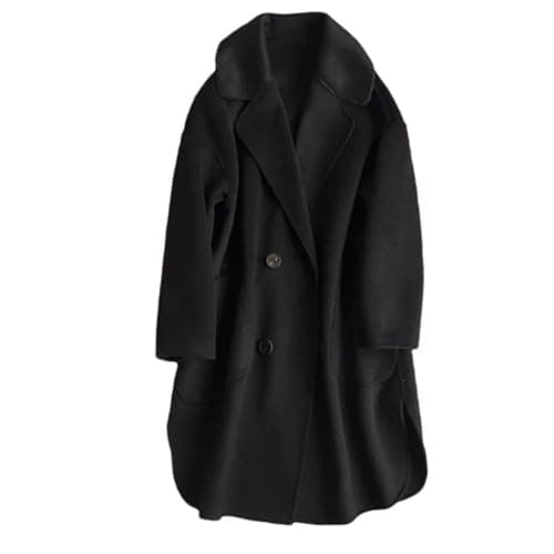Women's Autumn Winter Wool Pea Coat with Lapel Double Breasted Midi Overcoat — Black