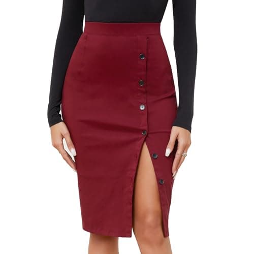 Byinns Women's High Waist Plaid Midi Work Skirt with Button Slit
