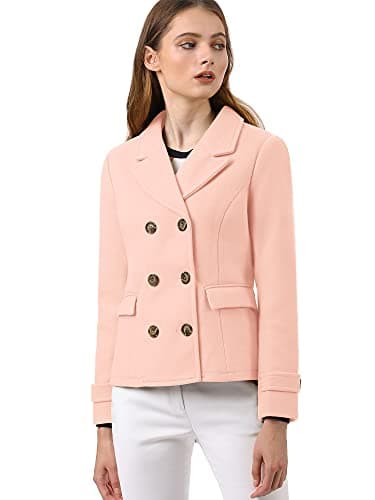 Allegra K Women's Notched Lapel Double Breasted Pea Coat — Pink