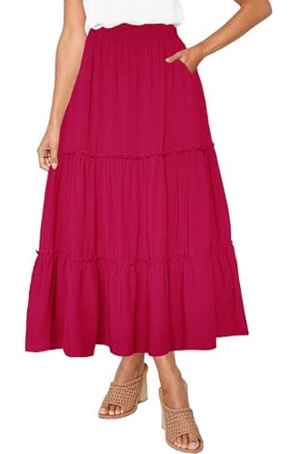 Afibi Women's High Waist A-Line Ruffle Swing Maxi Skirt with Pockets — Burgundy