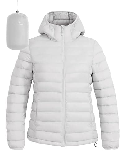Women's Lightweight Water-Repellent Puffer Jacket with Hood for Pioneer Camp — Off-white