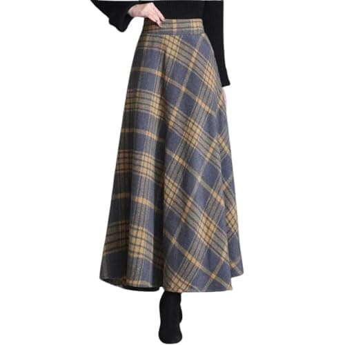 Women's Elastic Waist Plaid Wool Blend A-Line Skirt with Pockets — Yellow Gray