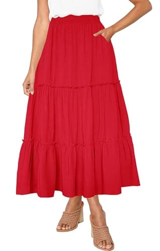 Afibi Women's High Waist A-Line Ruffle Swing Maxi Skirt with Pockets — Red