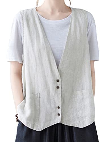 Women's Cotton Linen Vest Lightweight Jacket — #2 Light Grey