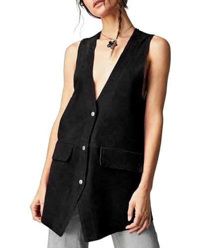 Locachy Women's Steampunk Suede Vest with Pockets Casual Button Down — Black