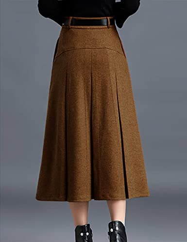 Tanming Women's Winter High Waist Pleated Wool Midi Skirt with Belt Loops