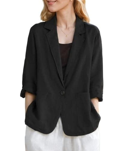 YOUNIFIZ Women's Linen 3/4 Sleeve Notch Lapel Summer Casual Blazer Jackets with Pockets — B_black