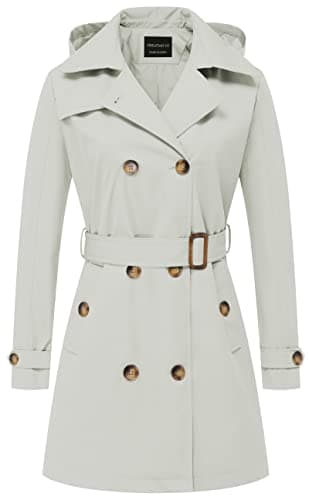 CREATMO Women's Classic Double-Breasted Trench Coat with Detachable Hood — Off-white