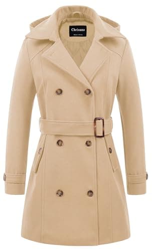 Chrisuno Women's Double Breasted Hooded Pea Coat — Khaki-thickened