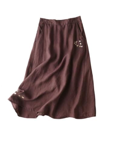 Linen Skirt for Women: 2024 Summer Flowy A Line Embroidered Midi Skirt with Pockets — Coffee