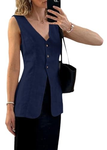 Mina Self 2025 Women's Breathable Linen V-Neck Long Casual Vest — Deep Blue