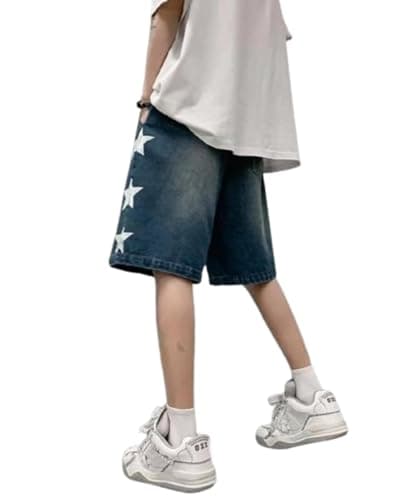 Star Print Baggy Denim Shorts — Blue-b
