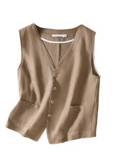 Linen vest for women, sleeveless blazer with button down cardigan — Khaki