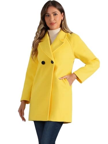Allegra K Women's Notched Lapel Double Breasted Winter Coats — Yellow