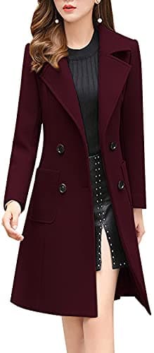 Chouyatou Women's Elegant Notched Collar Double Breasted Wool Blend Coat — Wine Red