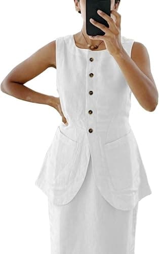 IDEWO Women's Lightweight Summer Linen Vest Blazer Pockets Casual Jackets — White