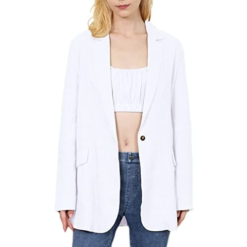 Amazhiyu Women's Pure Linen Long Sleeve Office Blazer Jackets — White