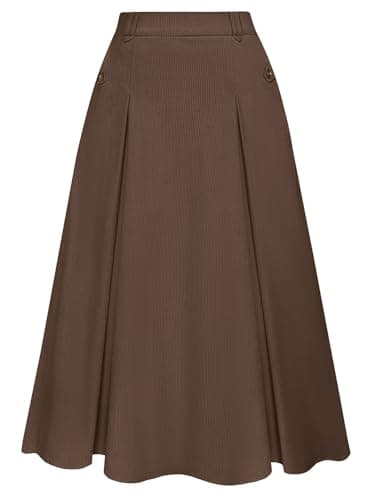 Vintage Corduroy A-line Midi Skirt for Women with Elastic Waist and Pockets — Brown