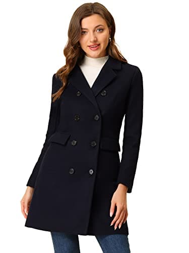 Allegra K Women's Elegant Notched Lapel Winter Trench Coat — Dark Blue