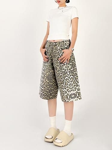 Vintage Y2k Leopard Print Oversized Jean Shorts