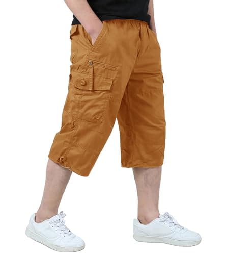 EKLENTSON Men's 3/4 Cargo Shorts with 7 Pockets — Earthy Yellow