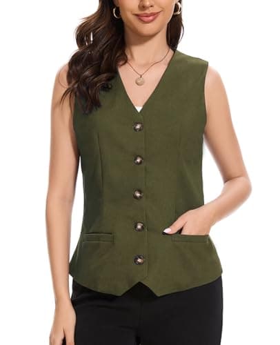 YOUNIFIZ Women's Lightweight Linen V-Neck Pocket Summer Vest — Olive Green