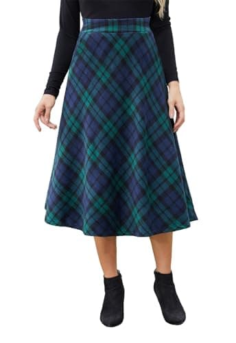 HERBATOMIA Women'sVintagePlaidMidiSkirtwithPocketWinterWarm