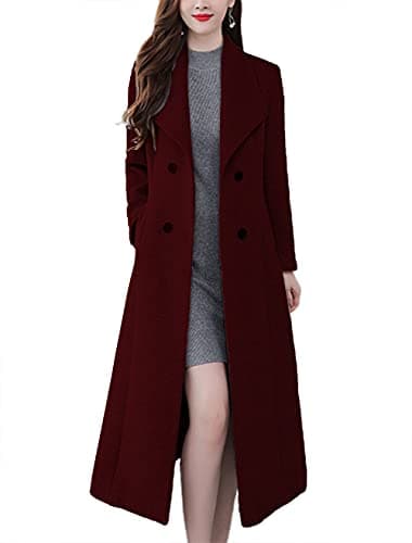 Chic Women's Double Breasted Wool Pea Coat with Shawl Collar — Wine Red