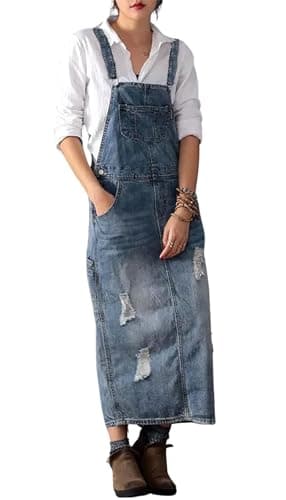 Chouuyaotou Women's Distressed Denim Overall A-Line Pinafore Dress with Split Adjustable Straps — Light Blue