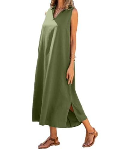 IDEAL SanXun V-Neck Sleeveless Sundresselong Shirt Dress — Army