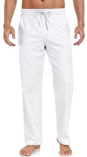 Janmid Men's Casual Linen Pants Elastic Waist Drawstring Yoga Beach trousers — B-white