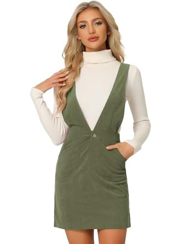 Allegra K Women's Corduroy V-Neck Mini Pinafore Dress — Green