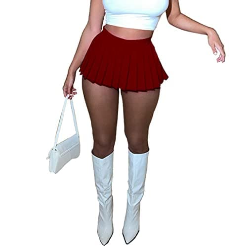HAOYUAN Women's Mini Pleated Stretchy Skater Skirt — Burgundy