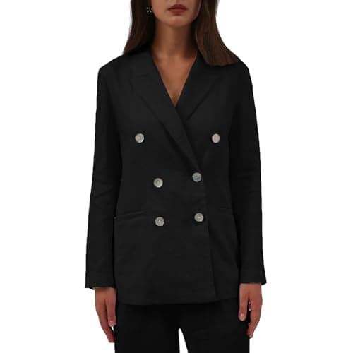 Amazhiyu Women's Pure Linen Double-Breasted Notched Long Sleeve Blazer with Pockets — Black