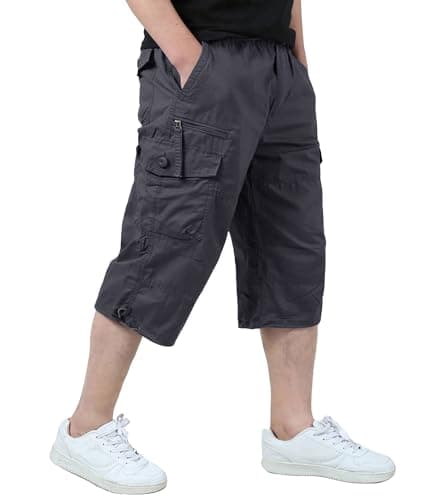 EKLENTSON Men's 3/4 Cargo Shorts with 7 Pockets — Gray