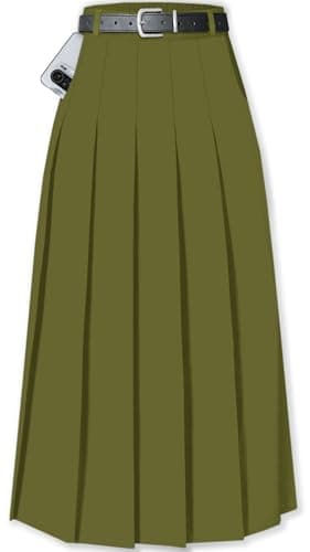Cromoncent Womens High Waist Pleated Long Skirt with Pockets — Olive Green