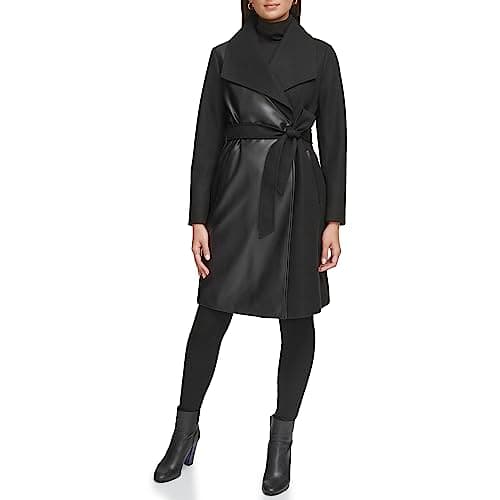 Kenneth Cole Women's Wool Blend Military Overcoat — Faux Leather Black