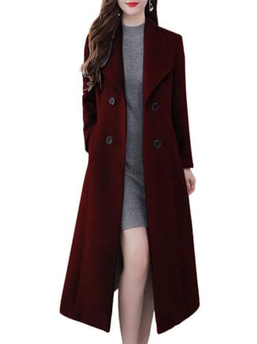 Ebossy Women's Slim Fit Below Knee Wool Trench Coat — Wine Red