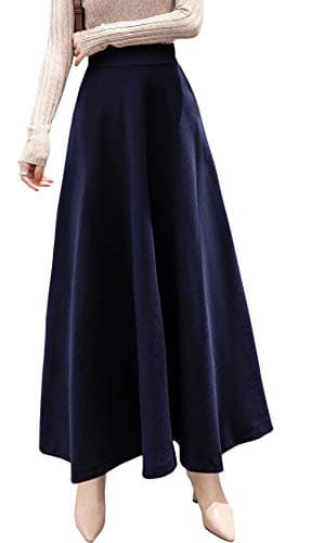 Women's Wool A-Line Maxi Skater Skirt for Fall Winter — Pocket-navy