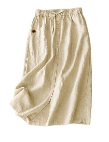 Flowy Linen Skirt for Women with Drawstring Waist and Slit — Khaki