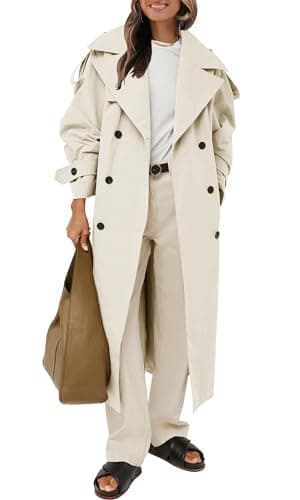 Womens Oversized Long Trench Coat Double Breasted Windproof Belted Overcoat — Beige