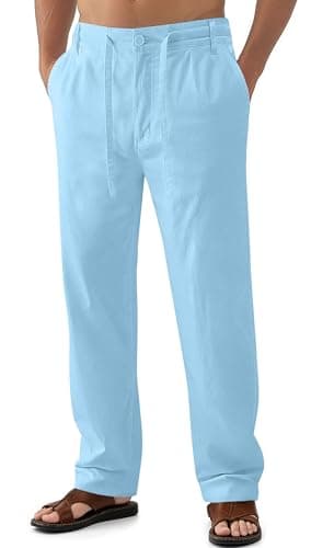 Janmid Men's Casual Linen Pants Elastic Waist Drawstring Yoga Beach trousers — Sky Blue