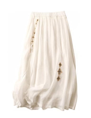 Linen Women's Summer Flare A Line Embroidery Skirt