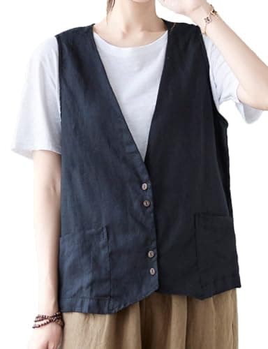 IDEALSANXUN Women's Cotton Linen Sleeveless Blazer Lightweight Vest Cardigan — #2 Black