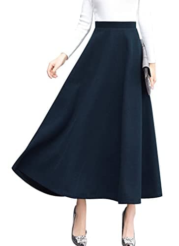 Vintage High Waist Wool Blend Plaid A-Line Maxi Skirt for Women — Pure Navy-blue