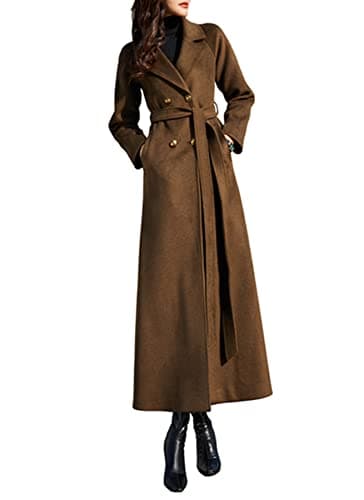 PENER Women's Classic Long Wool Trench Coat Winter Thick Double Breasted Jacket — Coffee Brown-suit Collar- Style 7