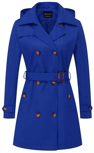 CREATMO Women's Classic Double-Breasted Trench Coat with Detachable Hood — Royal Blue