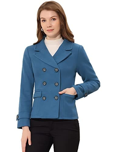 Allegra K Women's Notched Lapel Double Breasted Pea Coat — Blue